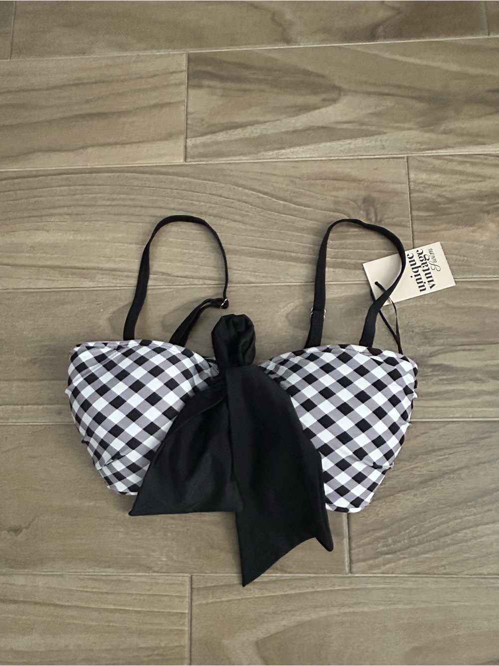 Unique Vintage Black & White Gingham Bikini Top with Front Tie Detail | Size L